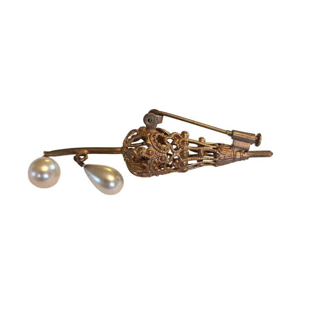ANTIQUE FILIGREE UMBRELLA PIN GOLDTONE WITH FAUX PEARLS